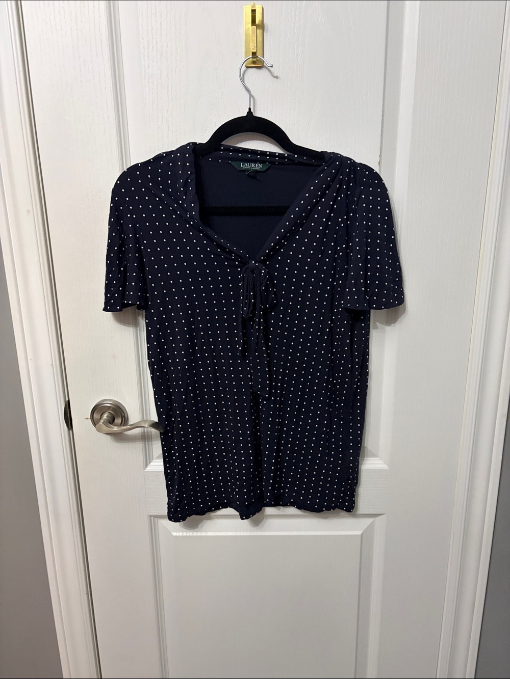 Lauren Ralph Lauren Navy White Polka Dot Tie-Neck Short Sleeve Top